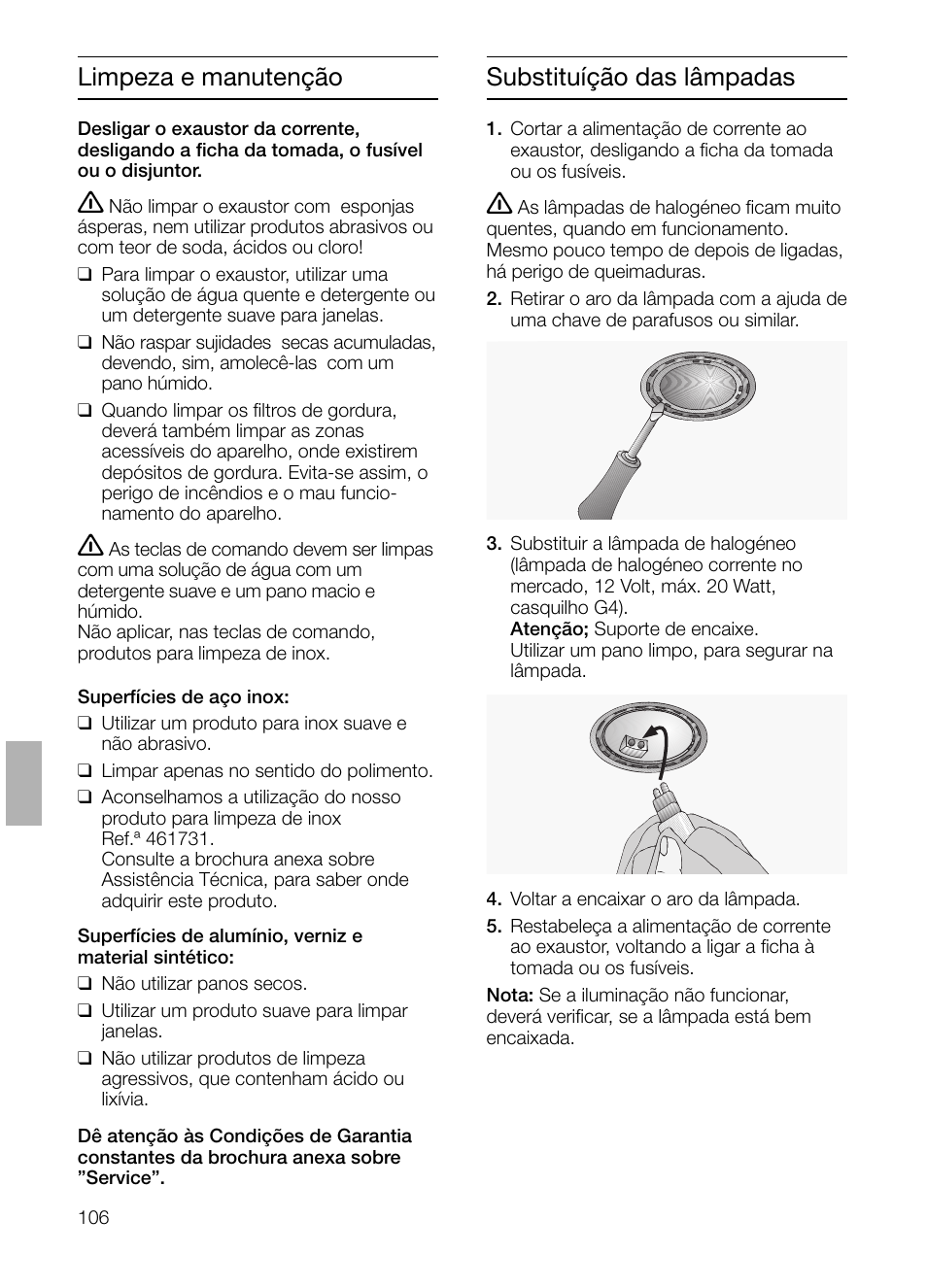 Limpeza e manutenção, Substituíção das lâmpadas | Siemens LI48632 User Manual | Page 106 / 116