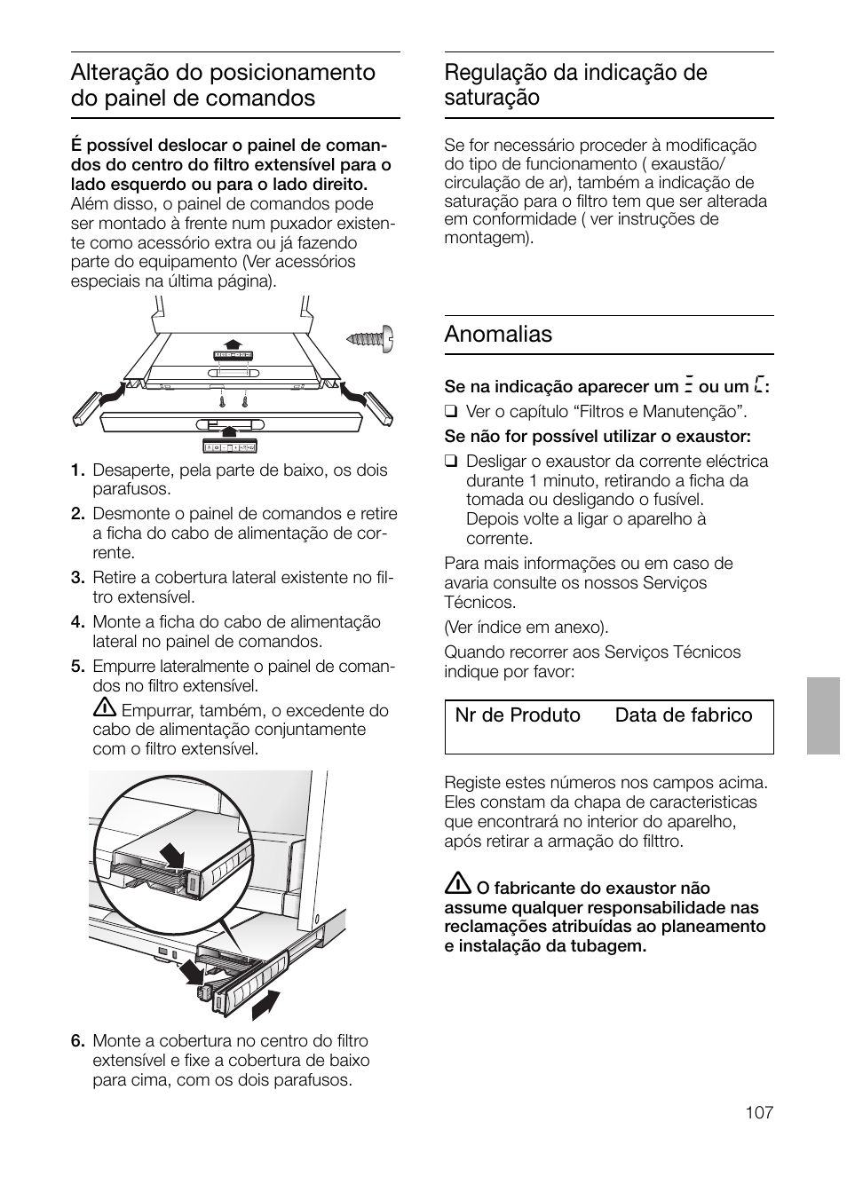 Alteração do posicionamento do painel de comandos, Regulação da indicação de saturação, Anomalias | Siemens LI48632 User Manual | Page 107 / 116