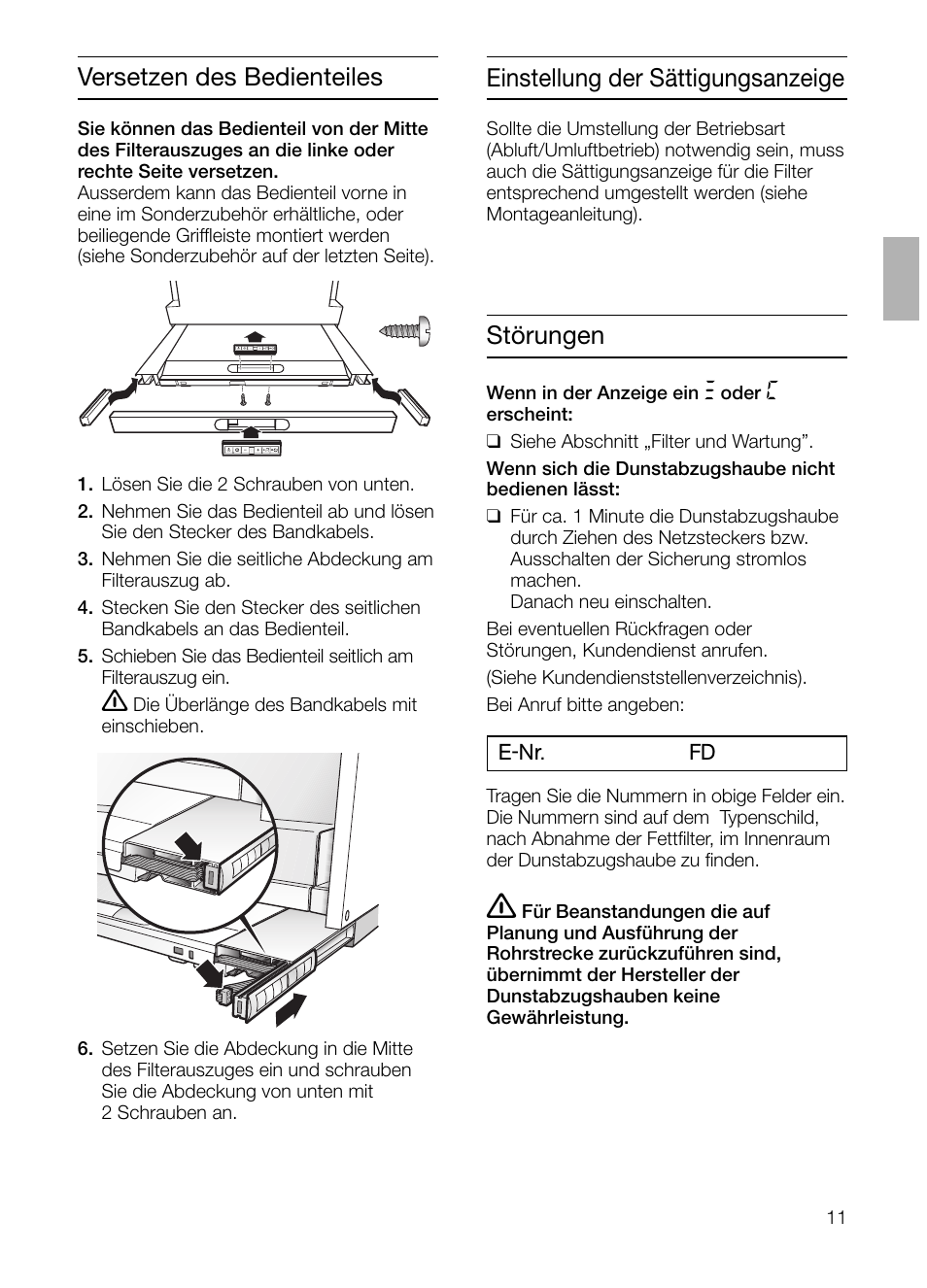 Störungen, Einstellung der sättigungsanzeige, Versetzen des bedienteiles | Siemens LI48632 User Manual | Page 11 / 116