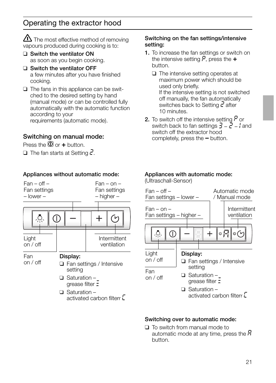 Operating the extractor hood | Siemens LI48632 User Manual | Page 21 / 116