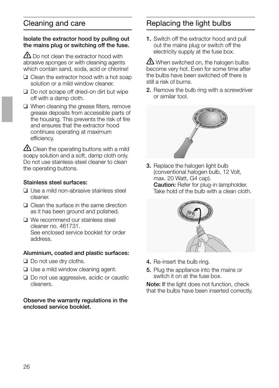 Cleaning and care, Replacing the light bulbs | Siemens LI48632 User Manual | Page 26 / 116