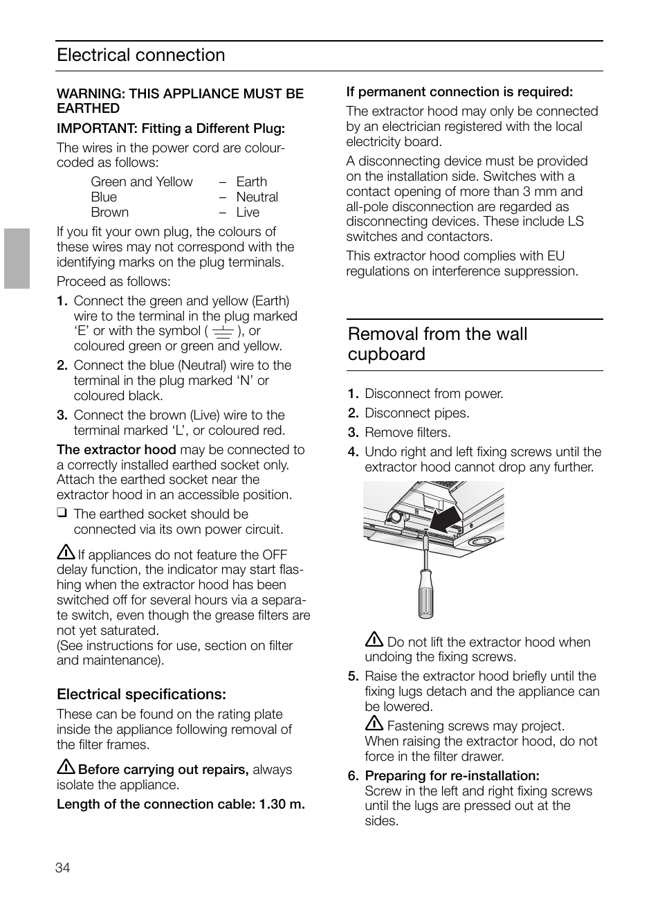 Electrical connection, Removal from the wall cupboard | Siemens LI48632 User Manual | Page 34 / 116
