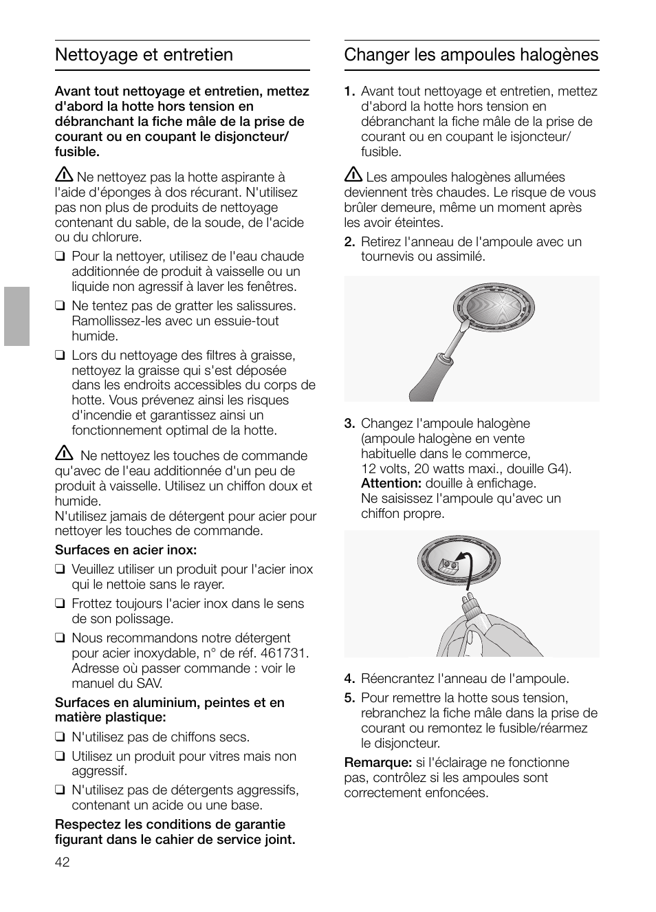 Nettoyage et entretien, Changer les ampoules halogènes | Siemens LI48632 User Manual | Page 42 / 116