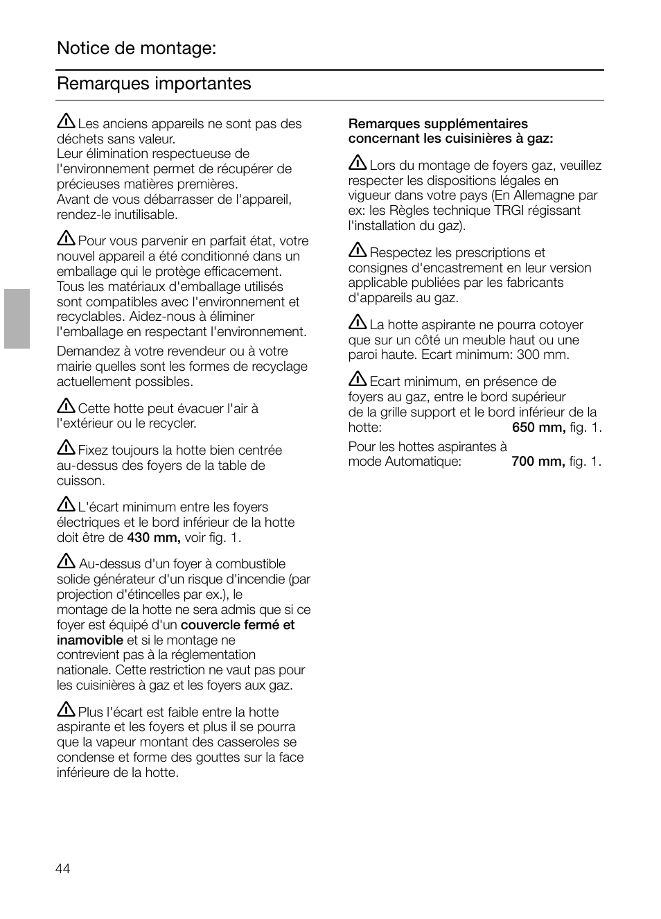 Remarques importantes notice de montage | Siemens LI48632 User Manual | Page 44 / 116