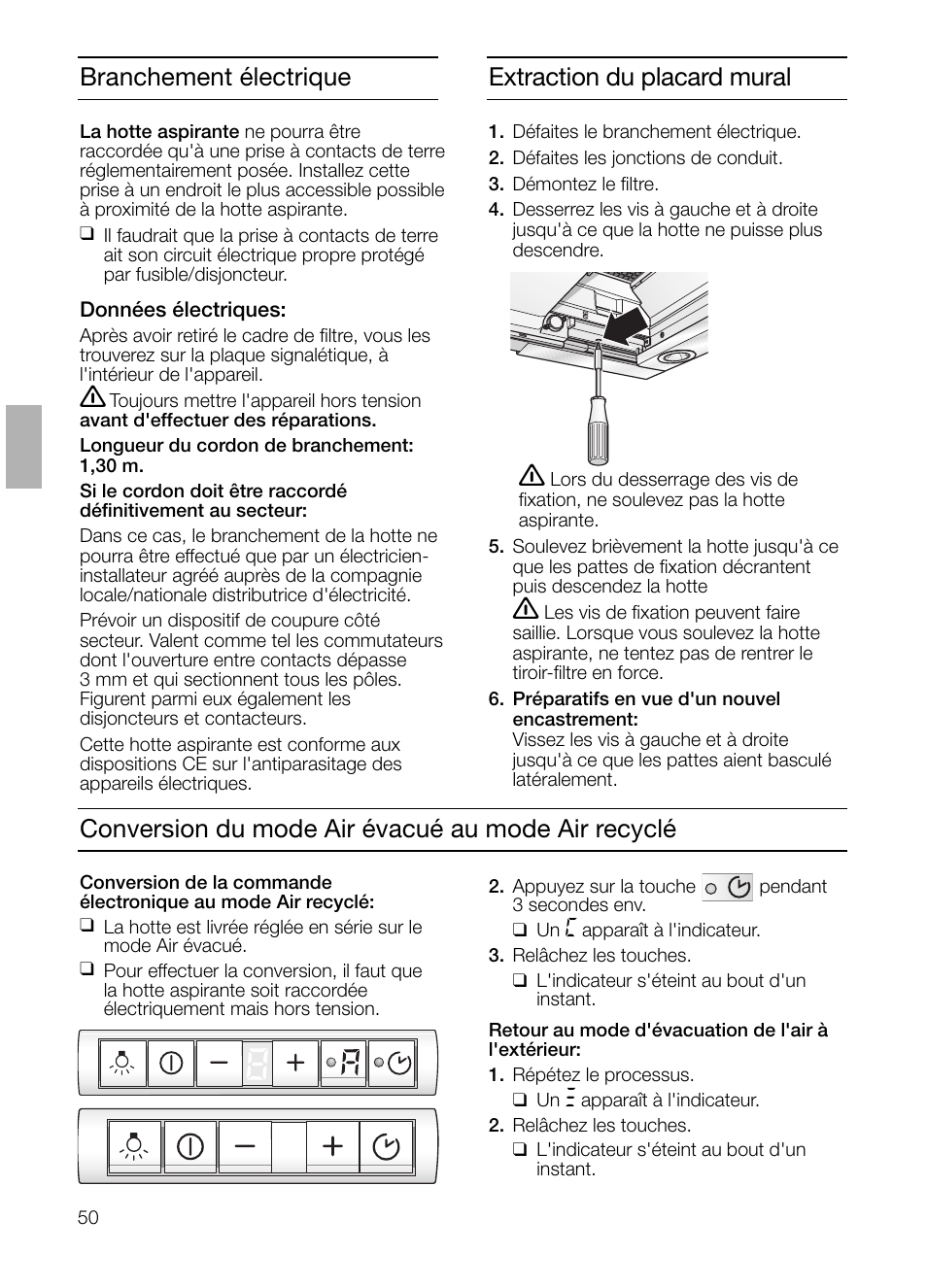 Conversion du mode air évacué au mode air recyclé, Extraction du placard mural, Branchement électrique | Siemens LI48632 User Manual | Page 50 / 116