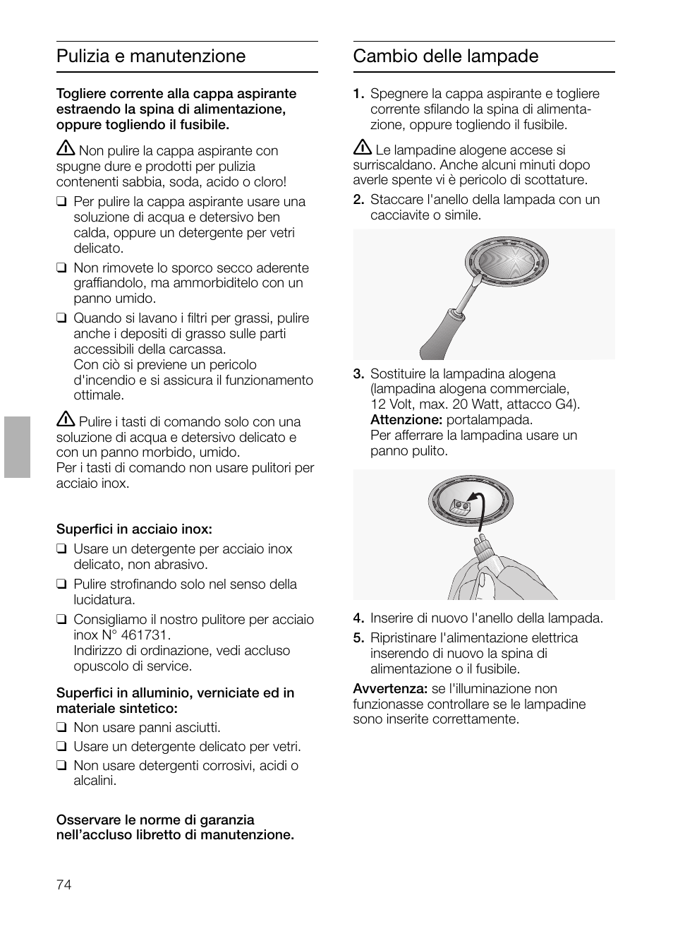 Pulizia e manutenzione, Cambio delle lampade | Siemens LI48632 User Manual | Page 74 / 116