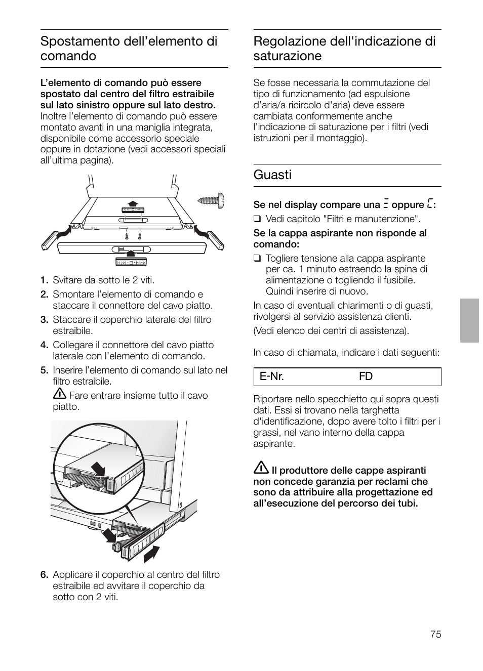 Spostamento dell’elemento di comando, Regolazione dell'indicazione di saturazione, Guasti | Siemens LI48632 User Manual | Page 75 / 116