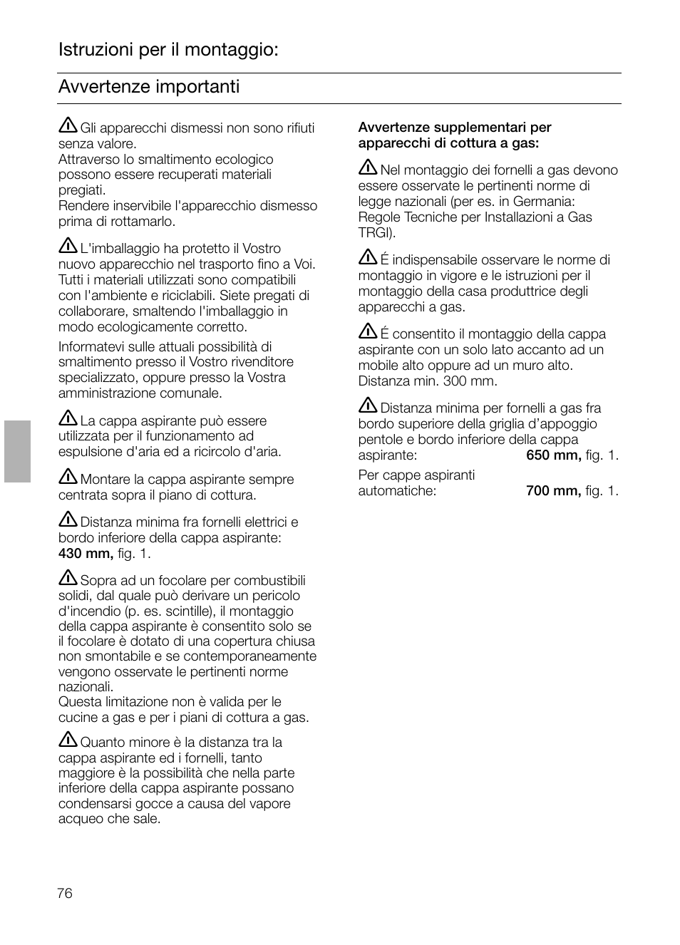 Avvertenze importanti istruzioni per il montaggio | Siemens LI48632 User Manual | Page 76 / 116