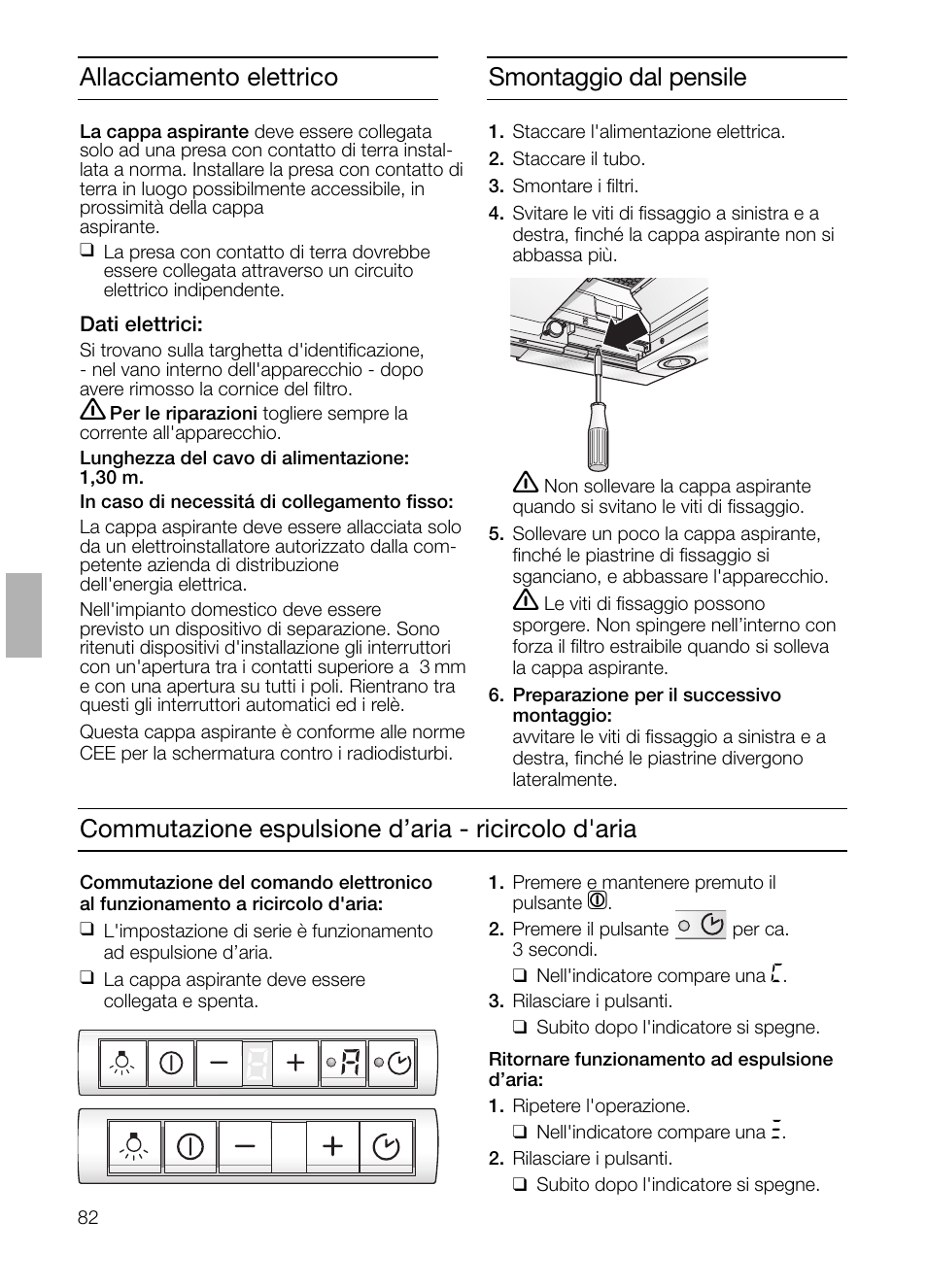 Commutazione espulsione d’aria - ricircolo d'aria, Smontaggio dal pensile, Allacciamento elettrico | Siemens LI48632 User Manual | Page 82 / 116