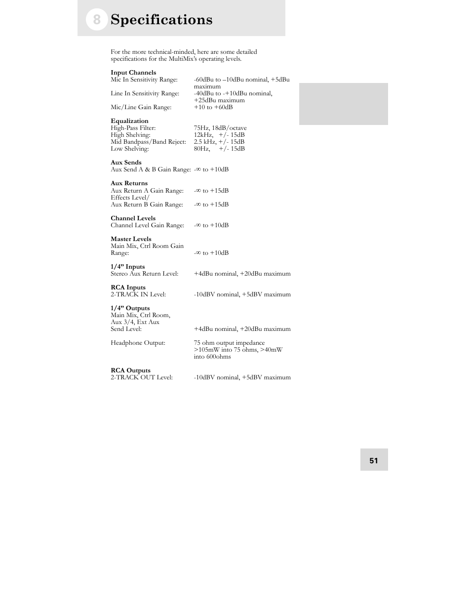 Specifications | ALESIS MULTIMIX 16 User Manual | Page 53 / 60