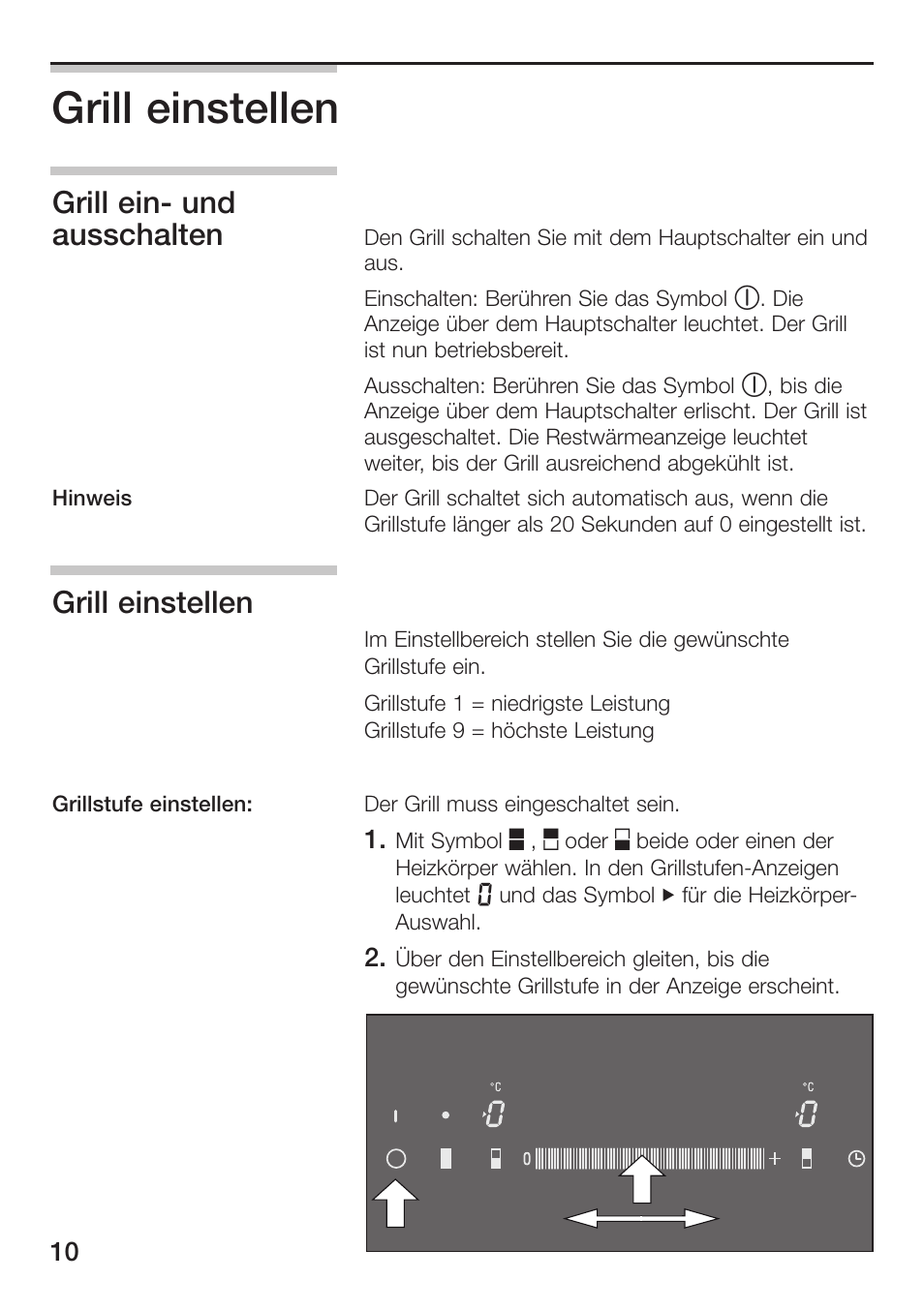 Grill einstellen, Grill ein- und ausschalten | Siemens ET475MU11E User Manual | Page 10 / 128