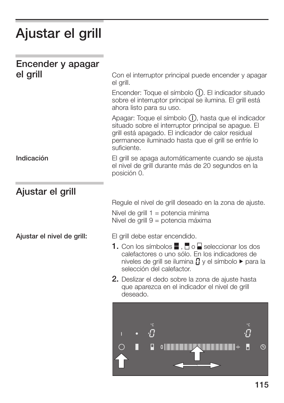 Ajustar el grill, Encender y apagar el grill | Siemens ET475MU11E User Manual | Page 115 / 128