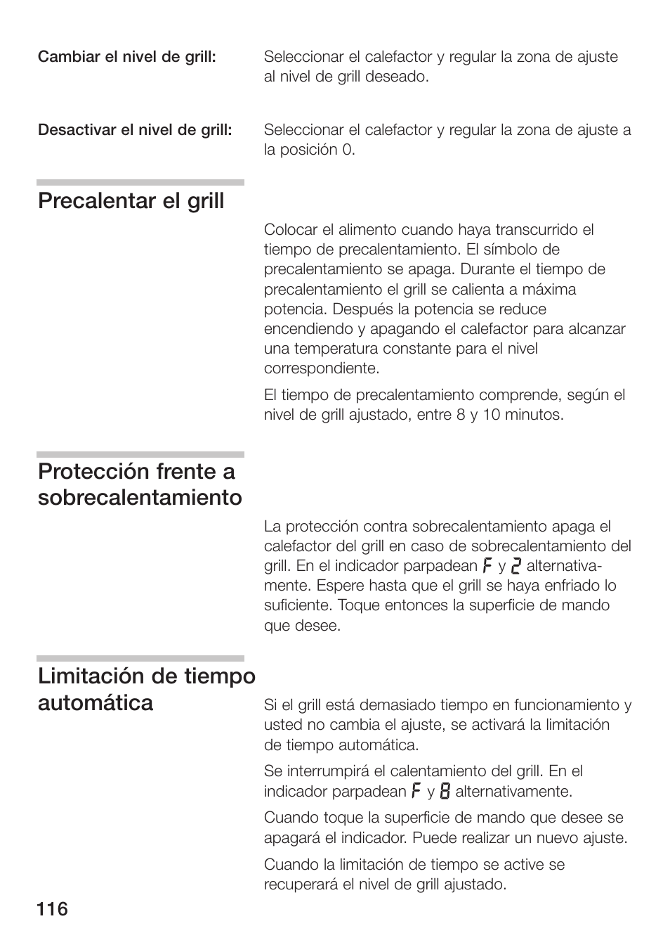 Precalentar el grill, Protección frente a sobrecalentamiento, Limitación de tiempo automática | Siemens ET475MU11E User Manual | Page 116 / 128