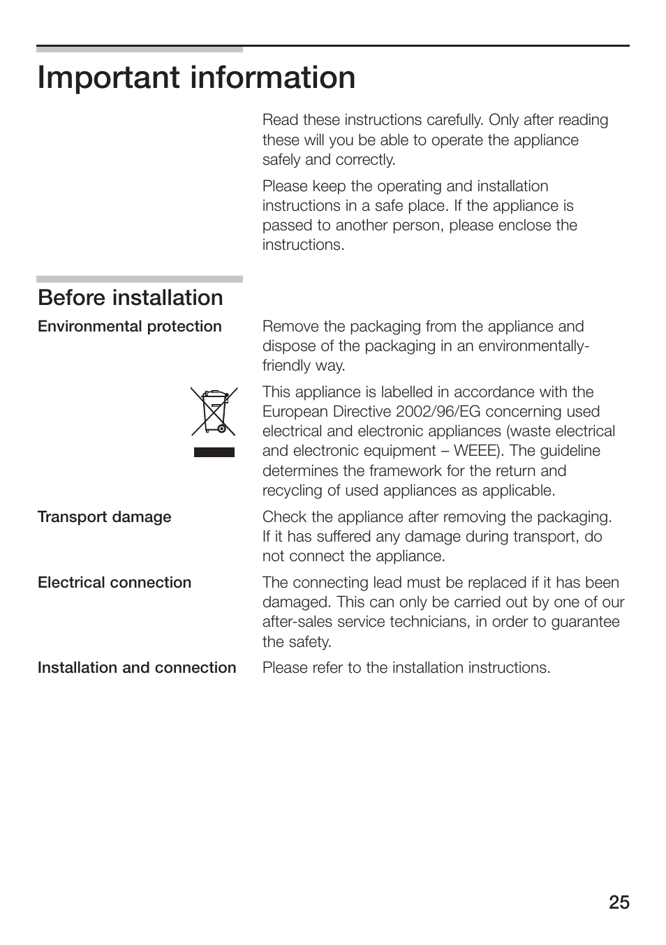 Important information, Before installation | Siemens ET475MU11E User Manual | Page 25 / 128