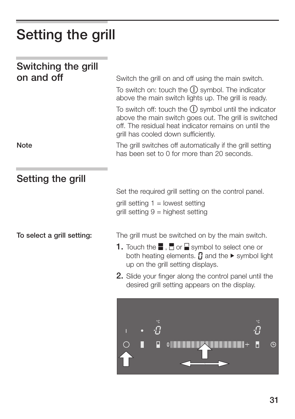 Setting the grill, Switching the grill on and off | Siemens ET475MU11E User Manual | Page 31 / 128