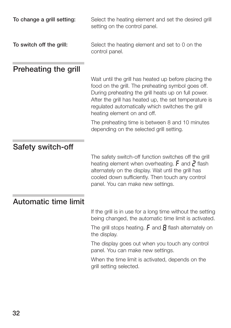 Preheating the grill, Safety switch-off, Automatic time limit | Siemens ET475MU11E User Manual | Page 32 / 128