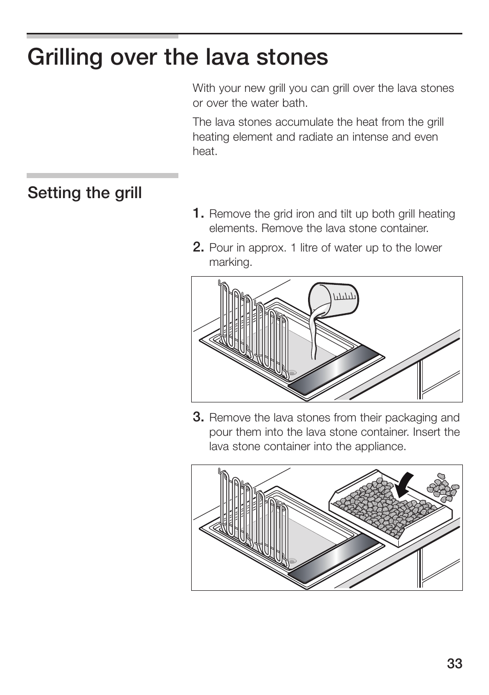 Grilling over the lava stones, Setting the grill | Siemens ET475MU11E User Manual | Page 33 / 128