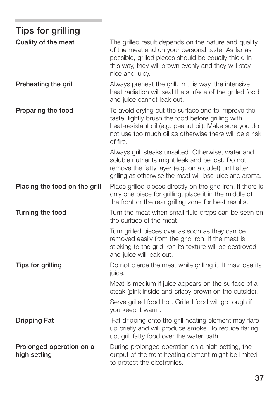 Tips for grilling | Siemens ET475MU11E User Manual | Page 37 / 128