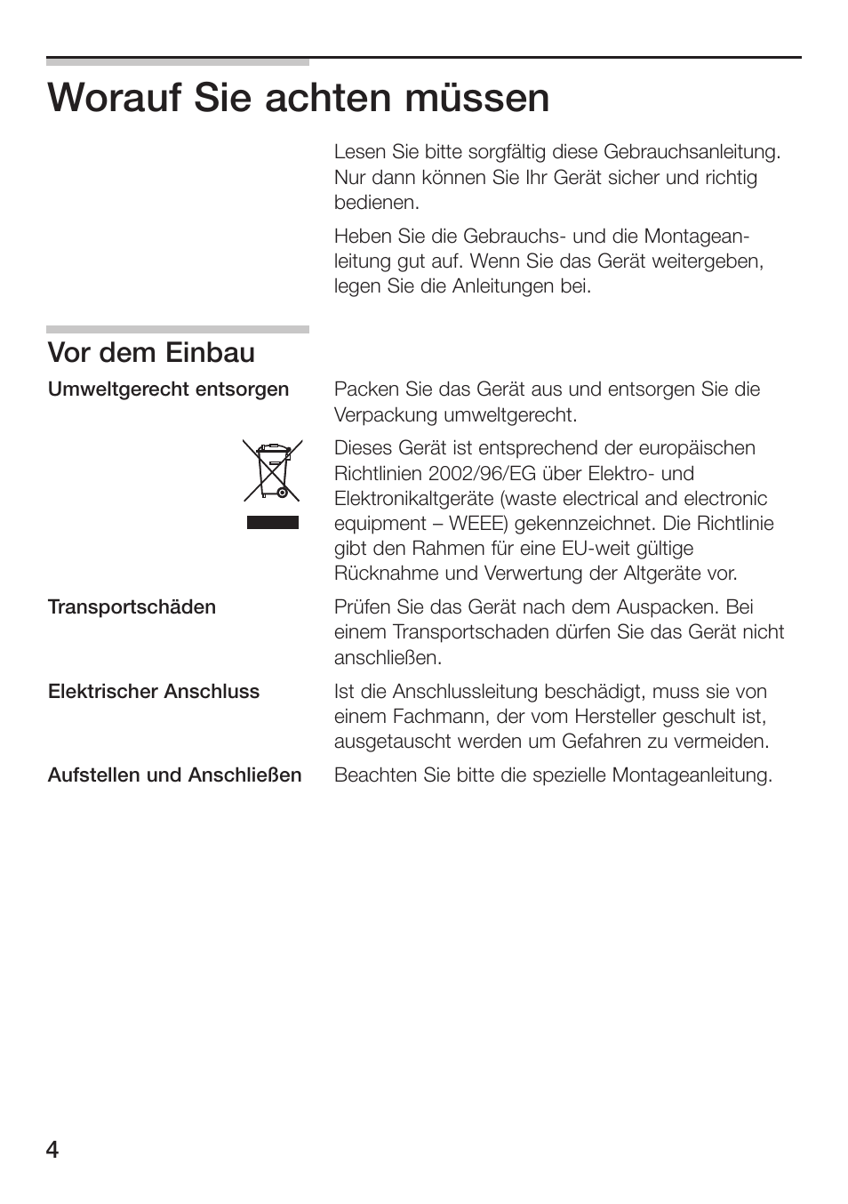 Worauf sie achten müssen, Vor dem einbau | Siemens ET475MU11E User Manual | Page 4 / 128