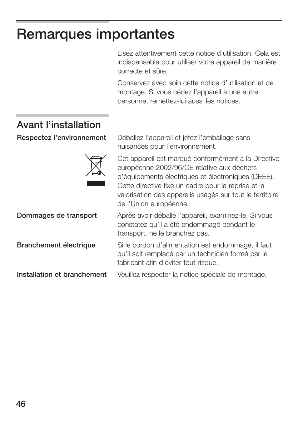 Remarques importantes, Avant l’installation | Siemens ET475MU11E User Manual | Page 46 / 128