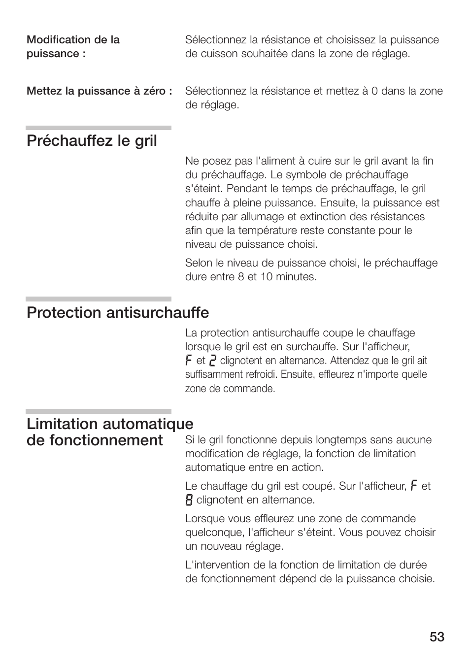 Préchauffez le gril, Protection antisurchauffe, Limitation automatique de fonctionnement | Siemens ET475MU11E User Manual | Page 53 / 128