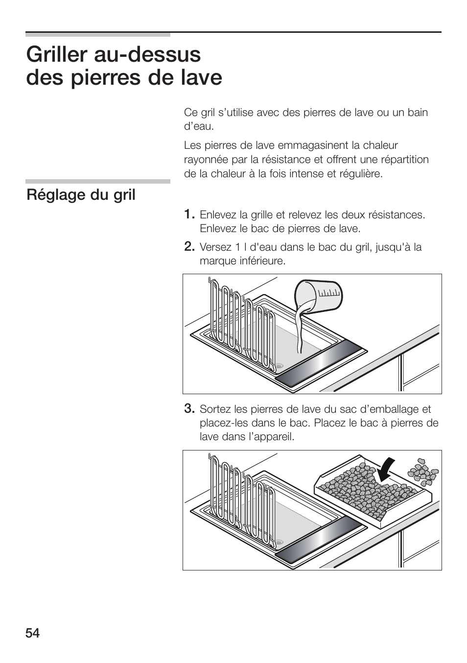 Griller au-dessus des pierres de lave, Réglage du gril | Siemens ET475MU11E User Manual | Page 54 / 128