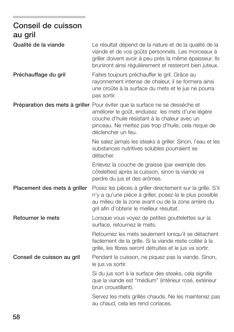 Conseil de cuisson au gril | Siemens ET475MU11E User Manual | Page 58 / 128