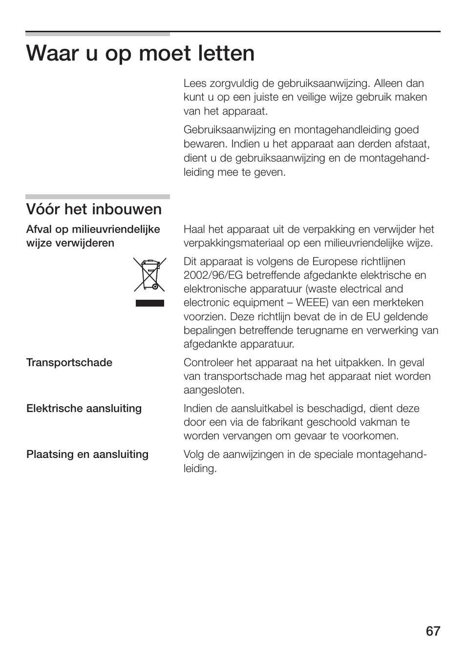 Waar u op moet letten, Vóór het inbouwen | Siemens ET475MU11E User Manual | Page 67 / 128