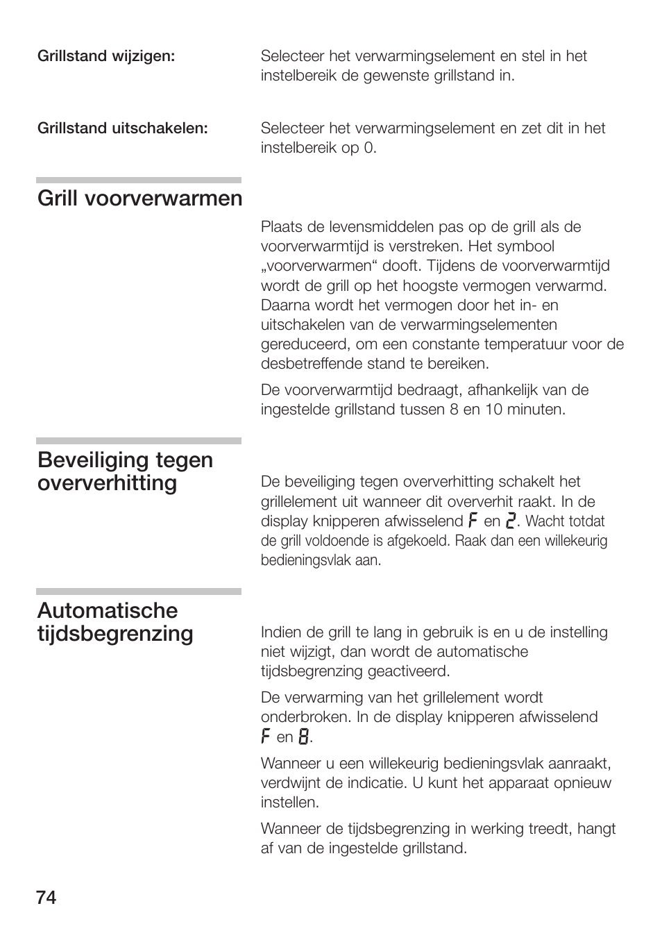 Grill voorverwarmen, Beveiliging tegen oververhitting, Automatische tijdsbegrenzing | Siemens ET475MU11E User Manual | Page 74 / 128