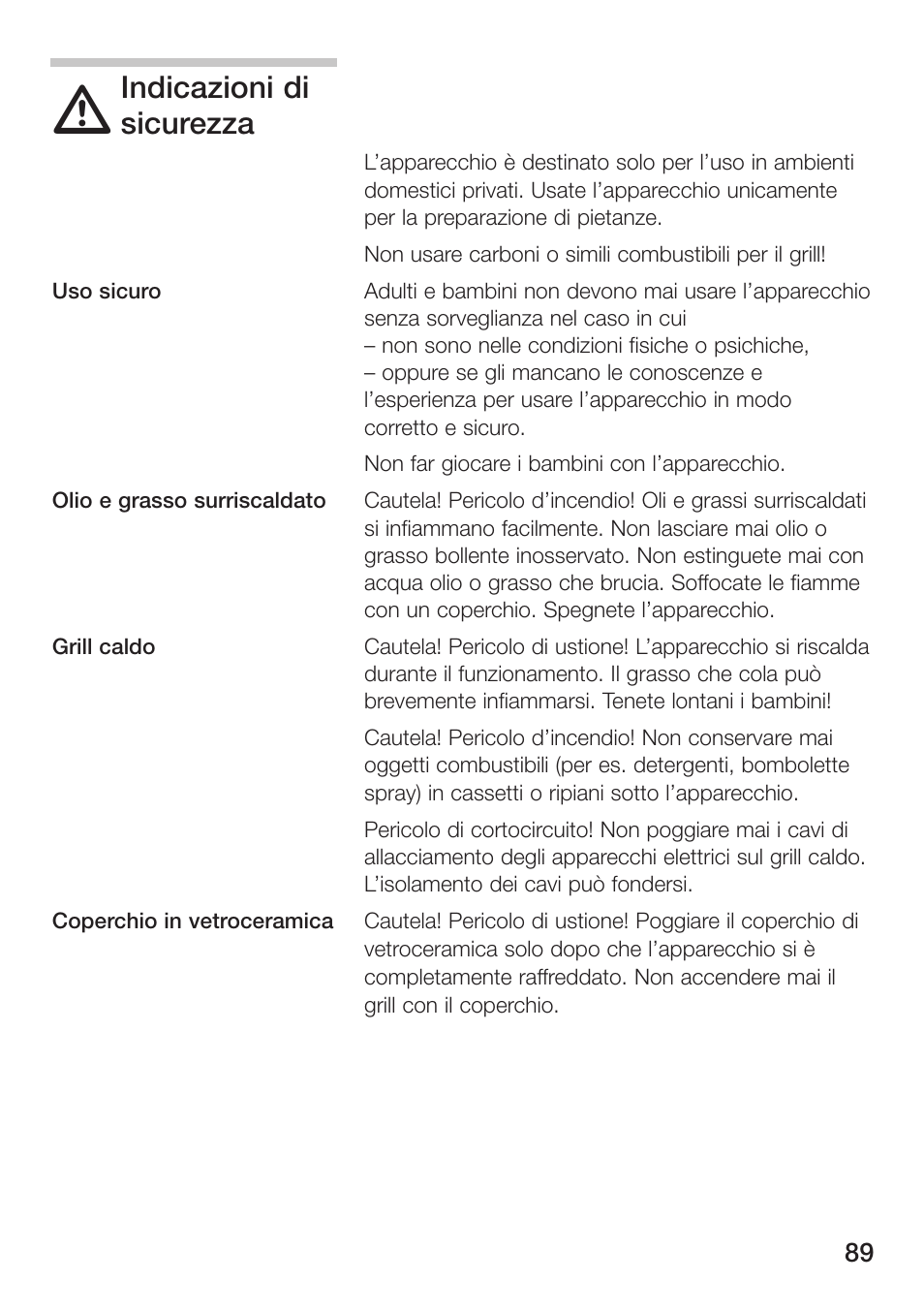 Indicazioni di, Sicurezza | Siemens ET475MU11E User Manual | Page 89 / 128