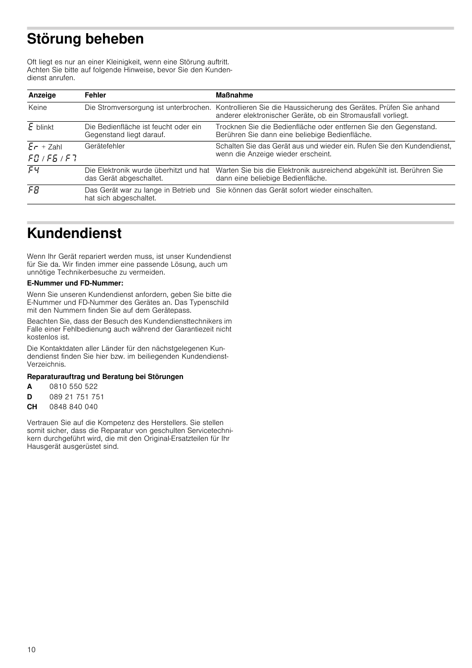 Störung beheben, Kundendienst, Reparaturauftrag und beratung bei störungen | Örung beheben, Undendienst | Siemens ET475MY11E User Manual | Page 10 / 44