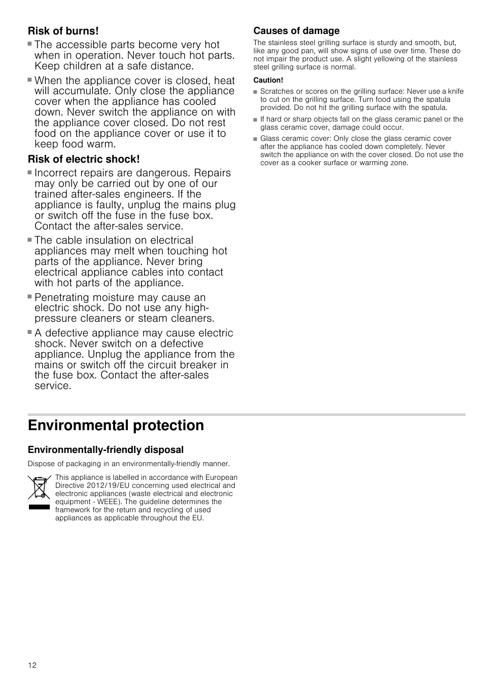 Risk of burns, Risk of electric shock, Causes of damage | Caution, Scratches or scores on the grilling surface, Glass ceramic cover, Environmental protection, Environmentally-friendly disposal, Ection | Siemens ET475MY11E User Manual | Page 12 / 44