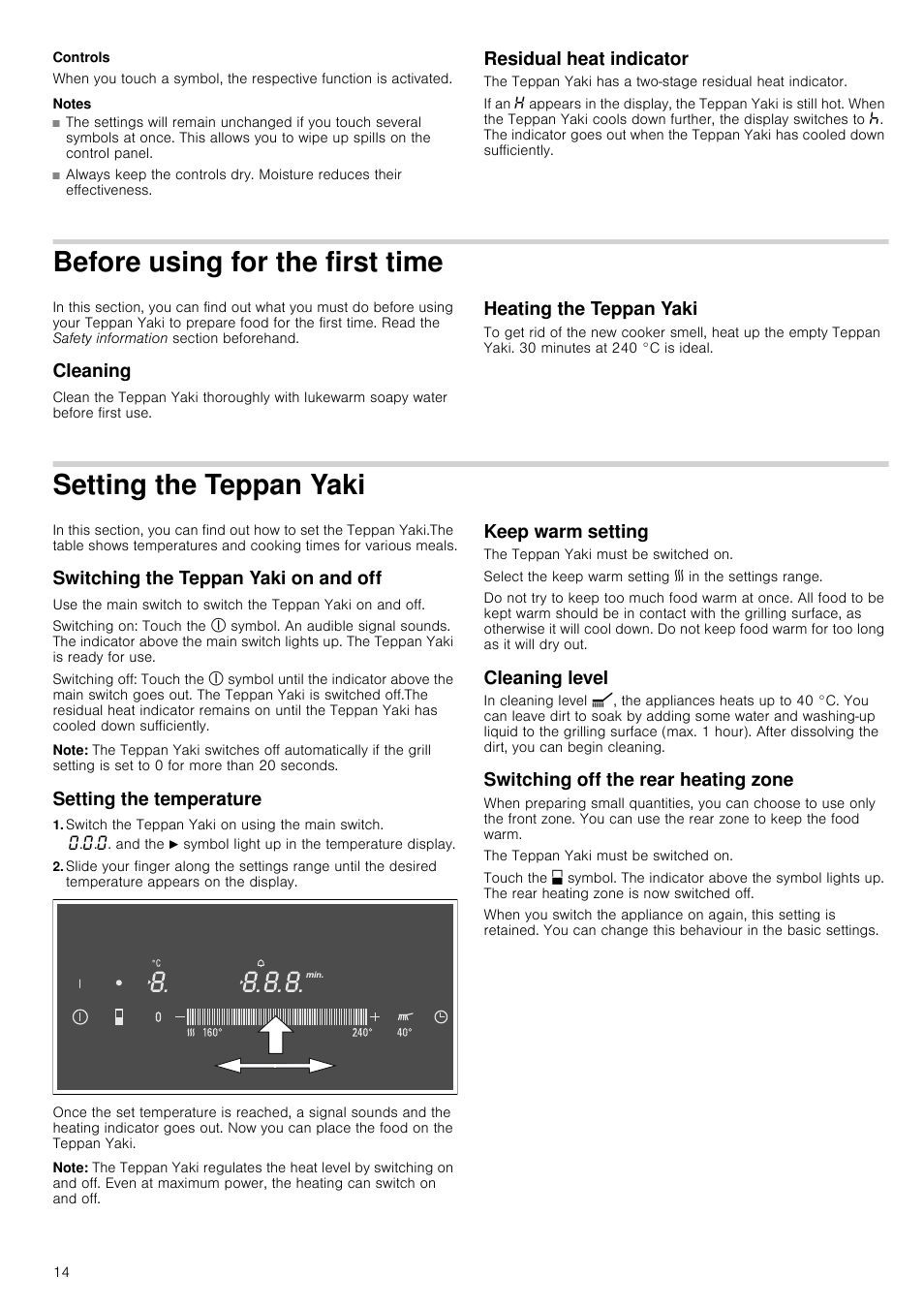 Controls, Notes, Residual heat indicator | Before using for the first time, Cleaning, Heating the teppan yaki, Setting the teppan yaki, Switching the teppan yaki on and off, Note, Setting the temperature | Siemens ET475MY11E User Manual | Page 14 / 44