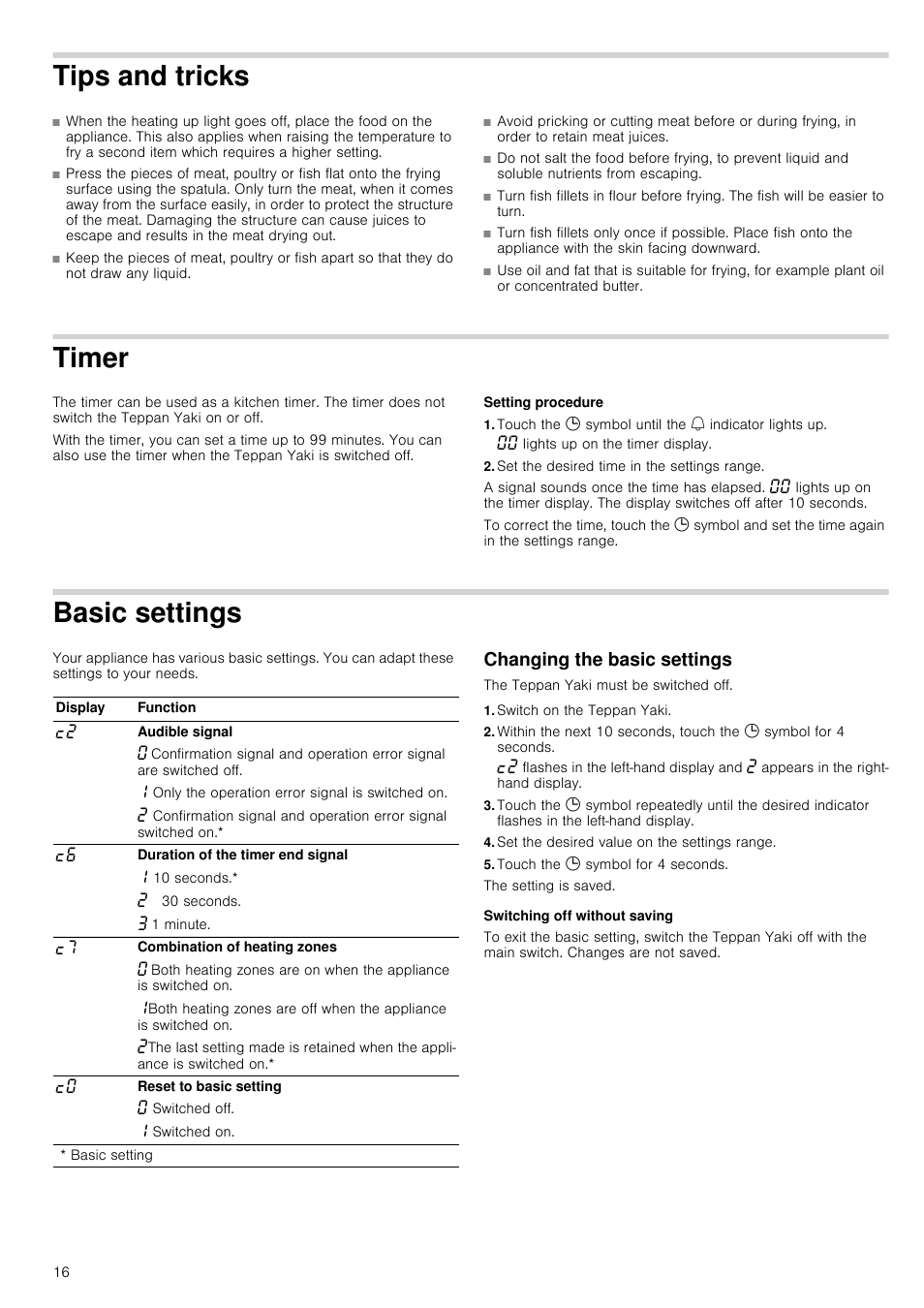 Tips and tricks, Timer, Setting procedure | Touch the 0 symbol until the u indicator lights up, Set the desired time in the settings range, Basic settings, Changing the basic settings, Switch on the teppan yaki, Set the desired value on the settings range, Touch the 0 symbol for 4 seconds | Siemens ET475MY11E User Manual | Page 16 / 44