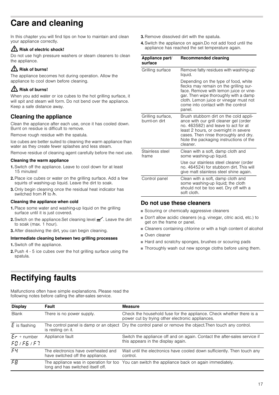 Care and cleaning, Risk of electric shock, Risk of burns | Cleaning the appliance, Cleaning the warm appliance, Cleaning the appliance when cold, After dissolving the dirt, you can begin cleaning, Switch off the appliance, Remove dissolved dirt with the spatula, Do not use these cleaners | Siemens ET475MY11E User Manual | Page 17 / 44