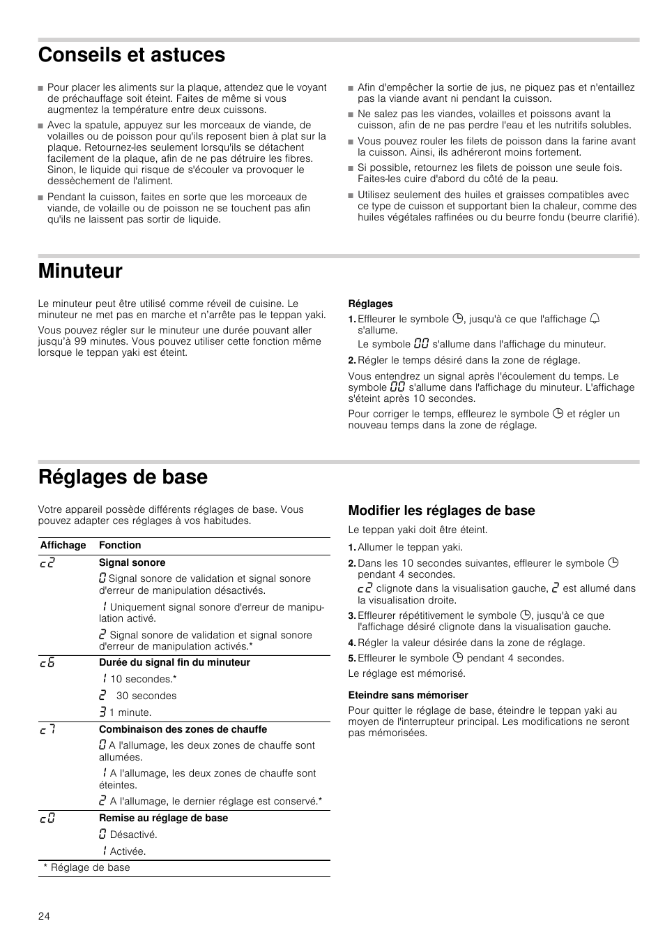 Conseils et astuces, Minuteur, Réglages | Régler le temps désiré dans la zone de réglage, Réglages de base, Modifier les réglages de base, Allumer le teppan yaki, Régler la valeur désirée dans la zone de réglage, Effleurer le symbole 0 pendant 4 secondes, Eteindre sans mémoriser | Siemens ET475MY11E User Manual | Page 24 / 44