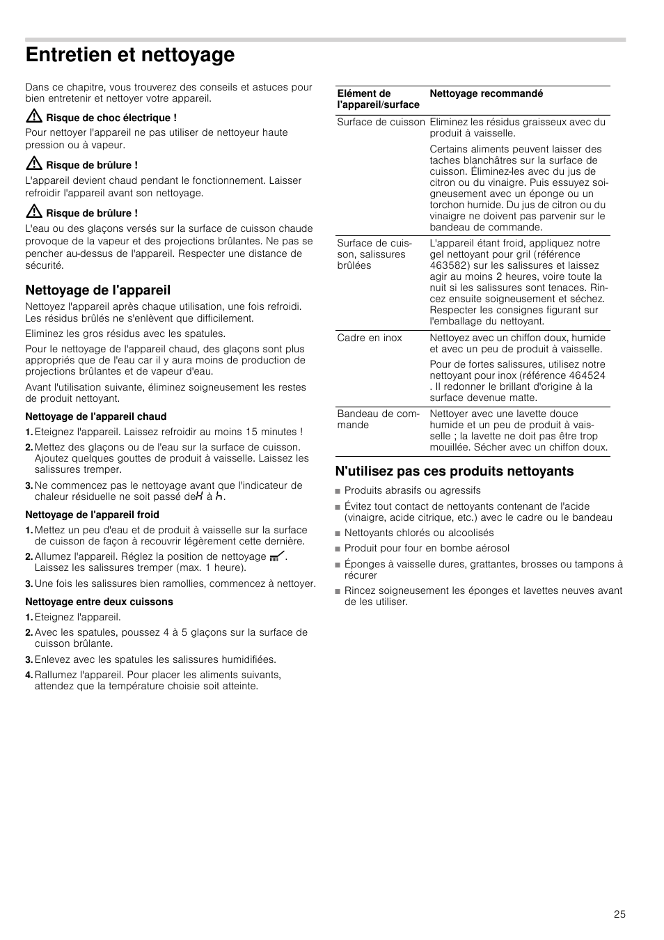 Entretien et nettoyage, Risque de choc électrique, Risque de brûlure | Nettoyage de l'appareil, Nettoyage de l'appareil chaud, Nettoyage de l'appareil froid, Nettoyage entre deux cuissons, Eteignez l'appareil, N'utilisez pas ces produits nettoyants | Siemens ET475MY11E User Manual | Page 25 / 44