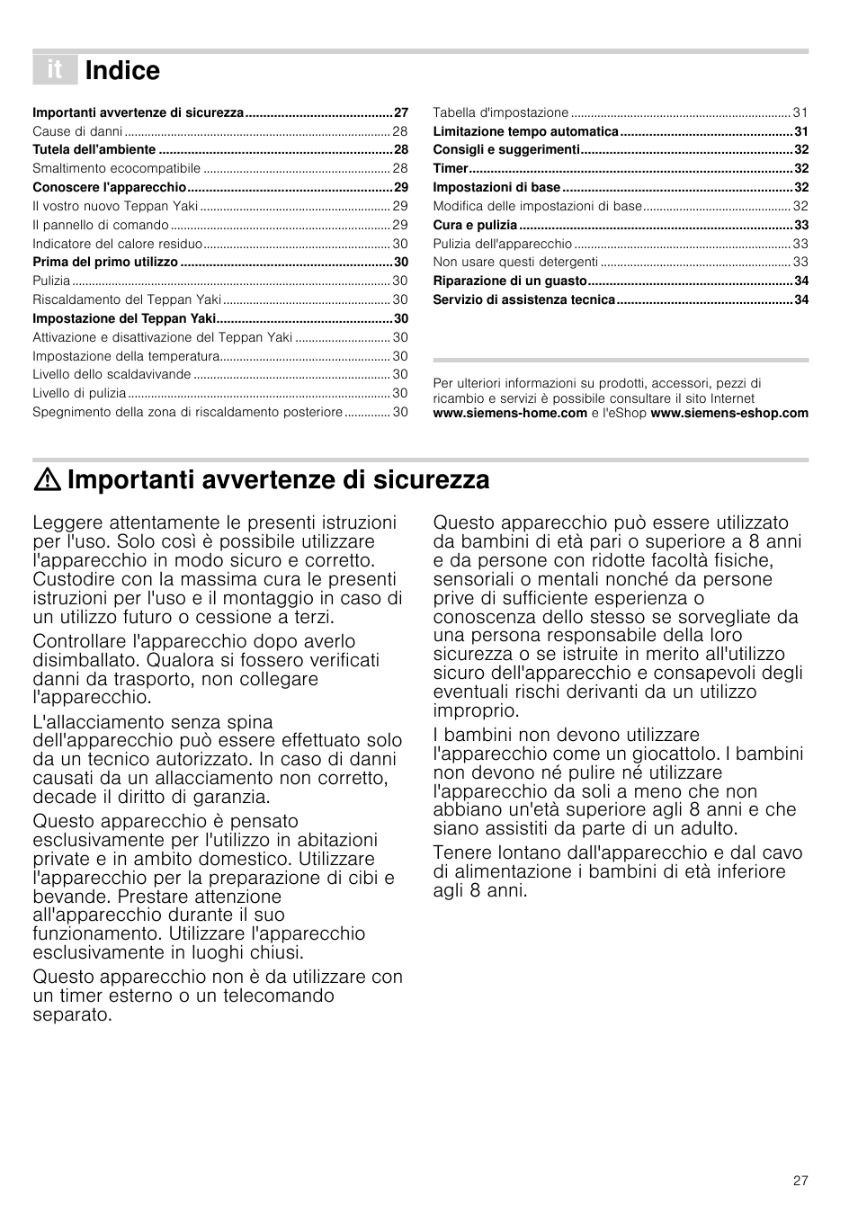 Â indice[it] istruzioni per l’uso, Importanti avvertenze di sicurezza, Vwux]lrqlshuo·xvr | Indice | Siemens ET475MY11E User Manual | Page 27 / 44
