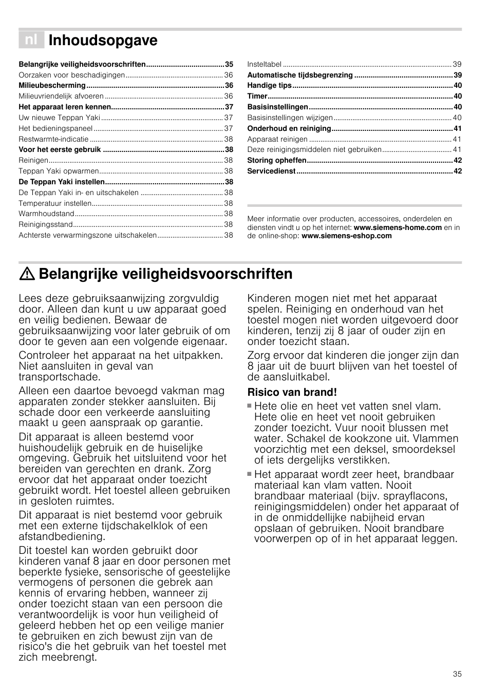 É inhoudsopgave[nl] gebruiksaanwijzing, Belangrijke veiligheidsvoorschriften, Risico van brand | Heuxlnvddqzlm]lqj, Inhoudsopgave | Siemens ET475MY11E User Manual | Page 35 / 44