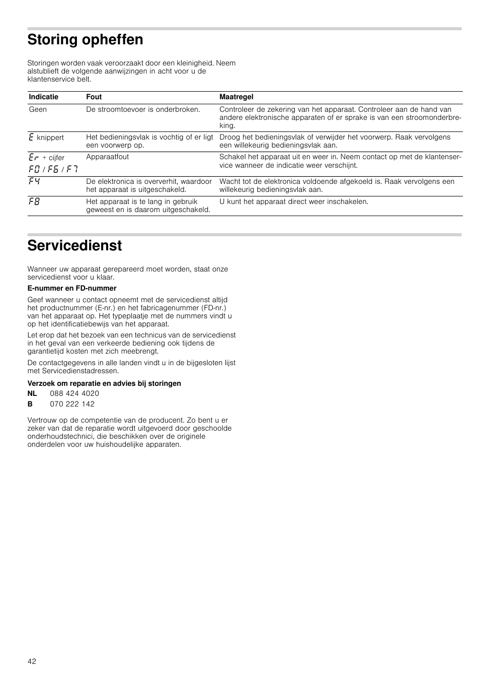 Storing opheffen, Servicedienst, Verzoek om reparatie en advies bij storingen | Siemens ET475MY11E User Manual | Page 42 / 44