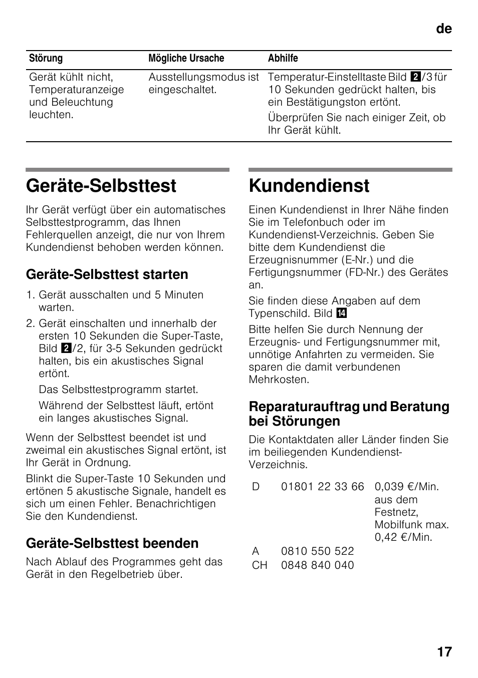 Geräte-selbsttest, Geräte-selbsttest starten, Gerät ausschalten und 5 minuten warten | Das selbsttestprogramm startet, Geräte-selbsttest beenden, Kundendienst, Reparaturauftrag und beratung bei störungen, De 17 | Siemens KI21RAD30 User Manual | Page 17 / 82