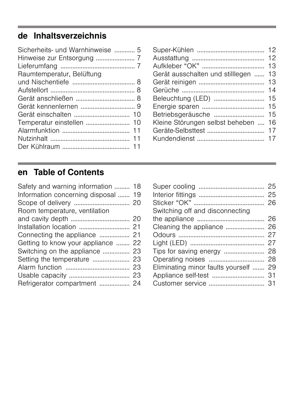 Sicherheits- und warnhinweise 5, Hinweise zur entsorgung 7, Lieferumfang 7 | Raumtemperatur, belüftung und nischentiefe 8, Aufstellort 8, Gerät anschließen 8, Gerät kennenlernen 9, Gerät einschalten 10, Temperatur einstellen 10, Alarmfunktion 11 | Siemens KI21RAD30 User Manual | Page 2 / 82