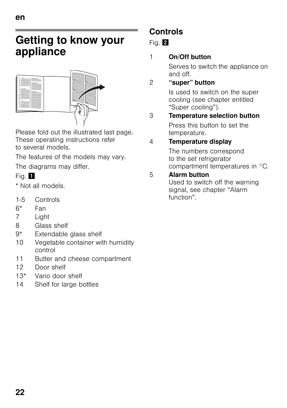 Getting to know your appliance, Controls, En 22 | Siemens KI21RAD30 User Manual | Page 22 / 82