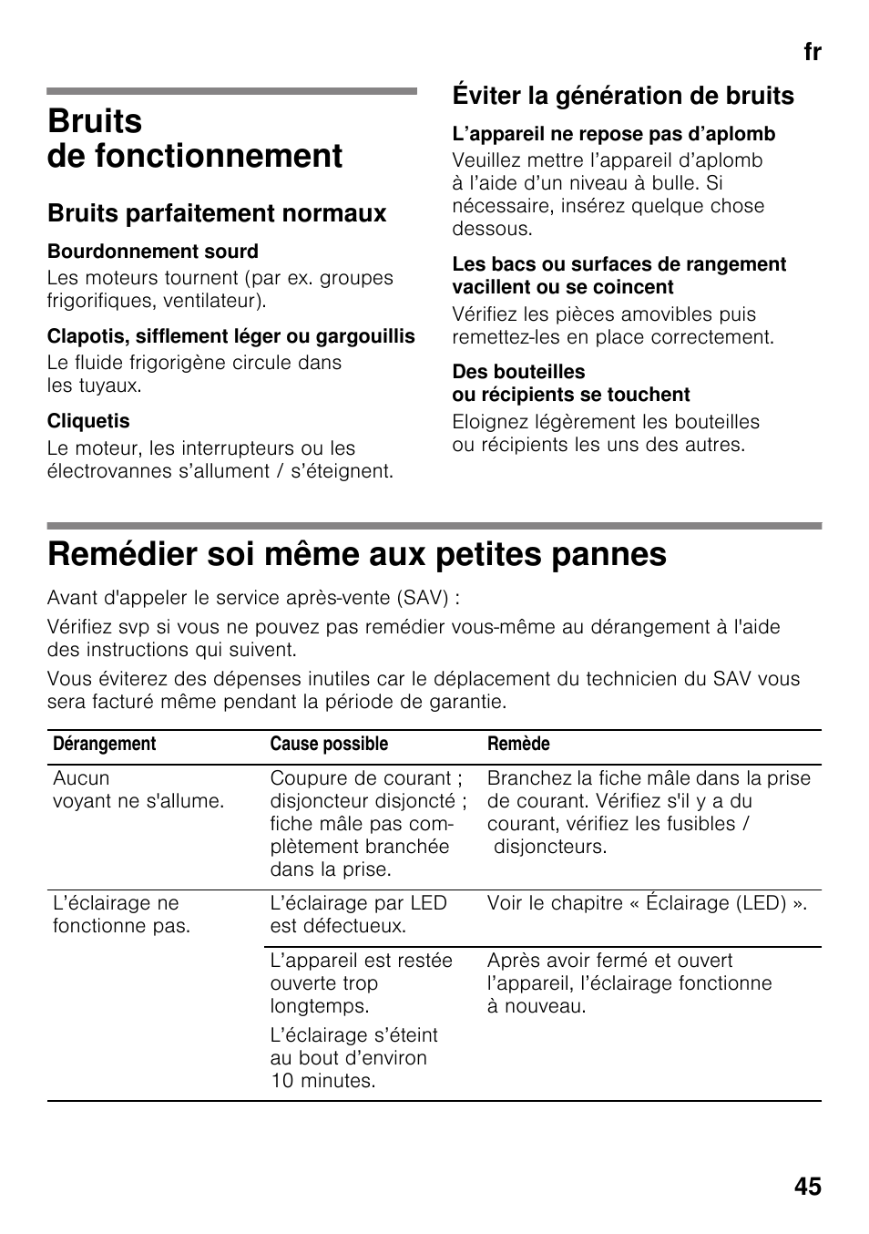 Bruits de fonctionnement, Bruits parfaitement normaux, Bourdonnement sourd | Clapotis, sifflement léger ou gargouillis, Cliquetis, Éviter la génération de bruits, L’appareil ne repose pas d’aplomb, Des bouteilles ou récipients se touchent, Remédier soi même aux petites pannes, Fr 45 | Siemens KI21RAD30 User Manual | Page 45 / 82