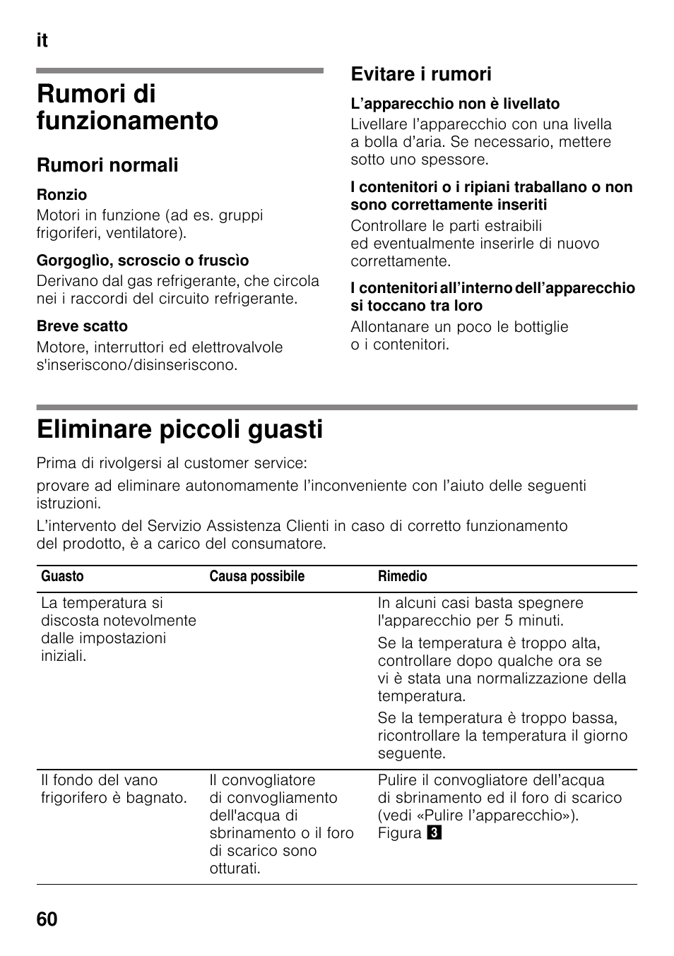 Rumori di funzionamento, Rumori normali, Ronzio | Gorgoglìo, scroscio o fruscìo, Breve scatto, Evitare i rumori, L’apparecchio non è livellato, Eliminare piccoli guasti, It 60 | Siemens KI21RAD30 User Manual | Page 60 / 82