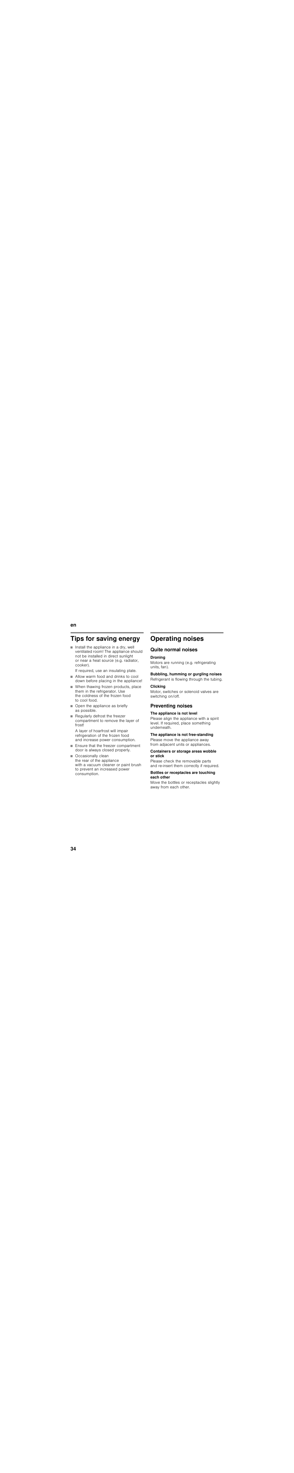 Tips for saving energy, If required, use an insulating plate, Open the appliance as briefly as possible | Operating noises, Quite normal noises, Droning, Motors are running (e.g. refrigerating units, fan), Bubbling, humming or gurgling noises, Refrigerant is flowing through the tubing, Clicking | Siemens KI28VA20FF User Manual | Page 34 / 94