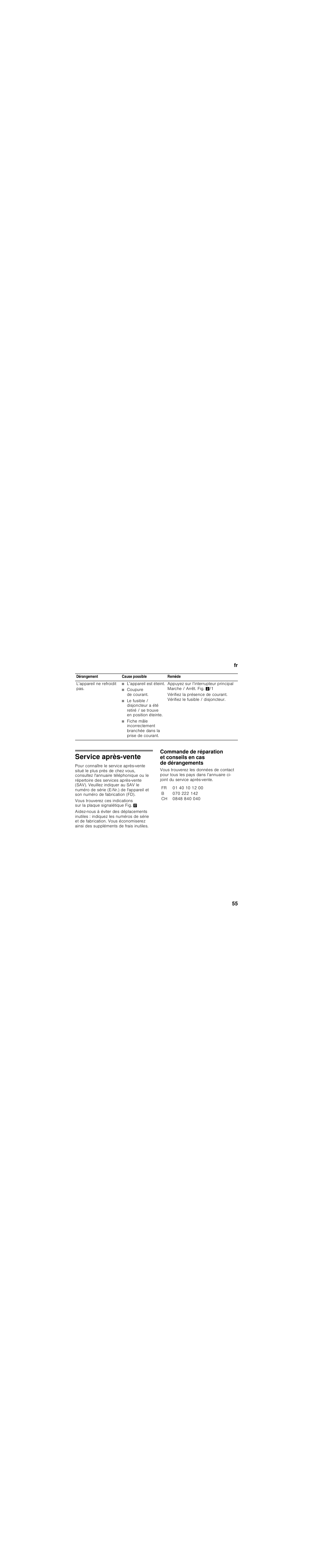 Dérangement, Cause possible, Remède | L’appareil ne refroidit pas, L’appareil est éteint, Coupure de courant, Service après-vente | Siemens KI28VA20FF User Manual | Page 55 / 94