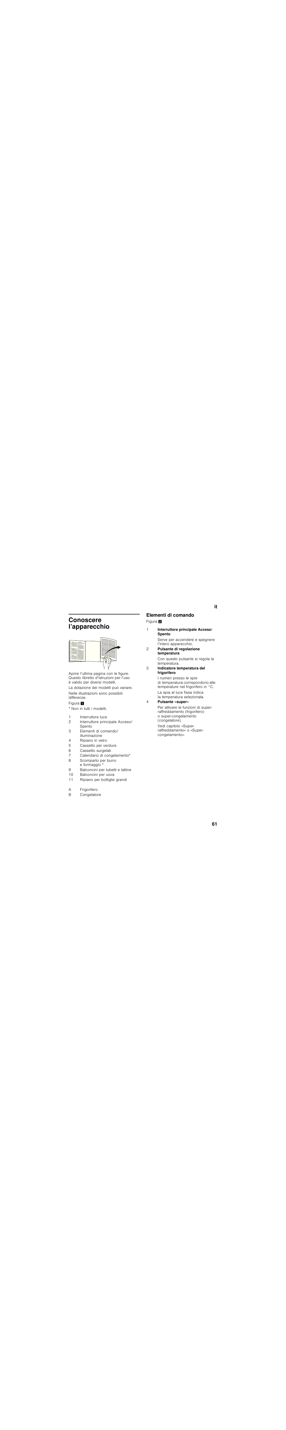 Conoscere l’apparecchio, La dotazione dei modelli può variare, Nelle illustrazioni sono possibili differenze | Figura, Non in tutti i modelli, Interruttore luce, Interruttore principale acceso/ spento, Elementi di comando/ illuminazione, Ripiano in vetro, Cassetto per verdure | Siemens KI28VA20FF User Manual | Page 61 / 94