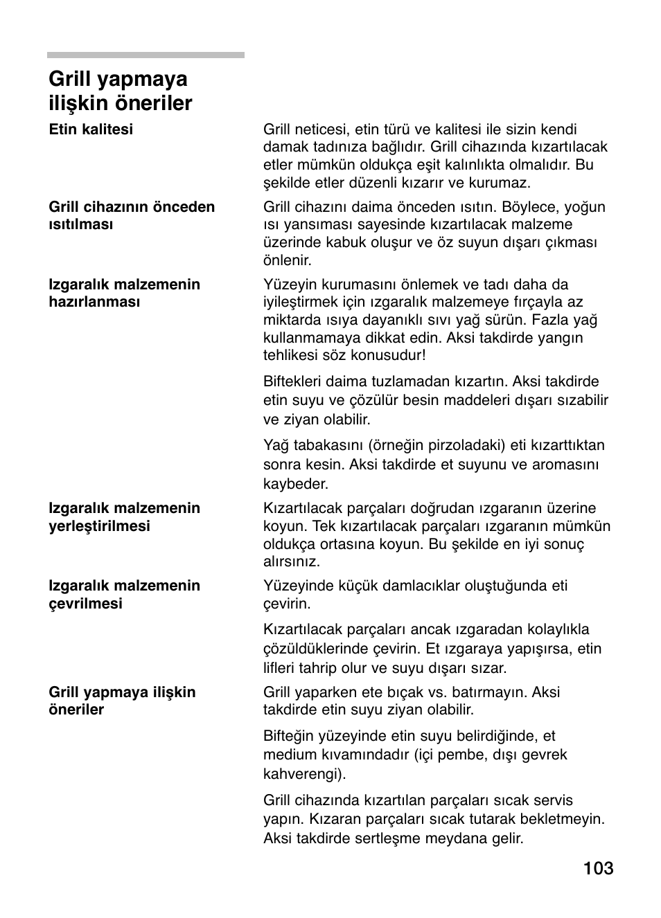 Grill yapmaya ilişkin öneriler | Siemens ET375GU11E User Manual | Page 103 / 120