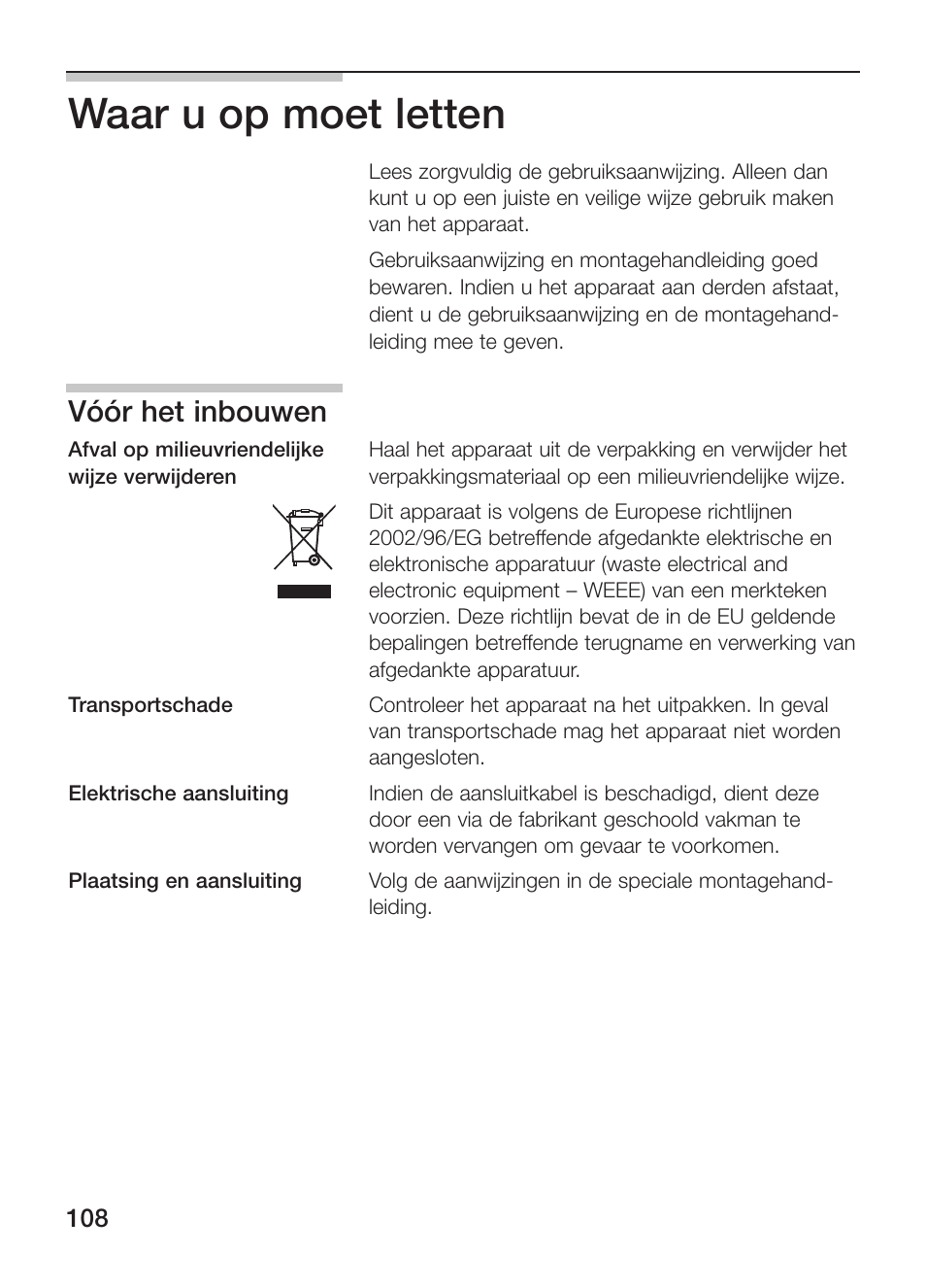 Waar u op moet letten, Vóór het inbouwen | Siemens ET375GU11E User Manual | Page 108 / 120